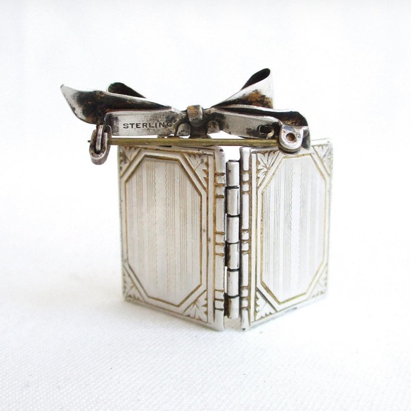 Sterling Silver Dangling Book Locket & Bow Pendant Brooch - 1 3/8" Tall - Picture 3 of 11